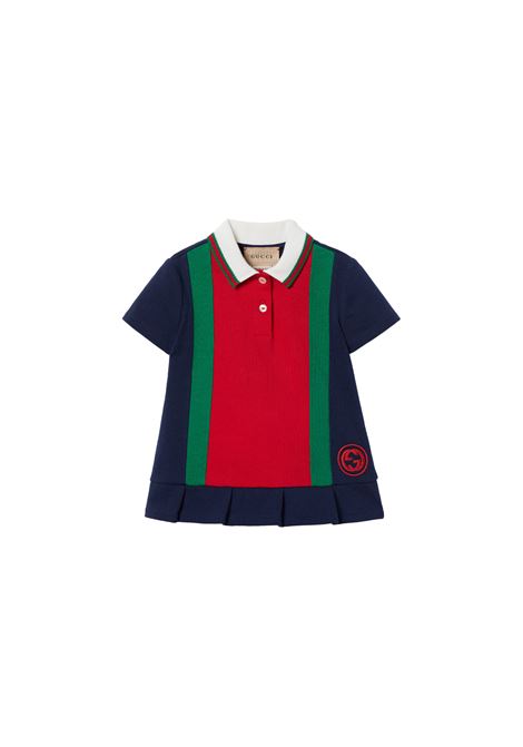 Abito In Jersey Di Cotone Blu Scuro Con Nastro Web GUCCI KIDS | 767938-XJF824681